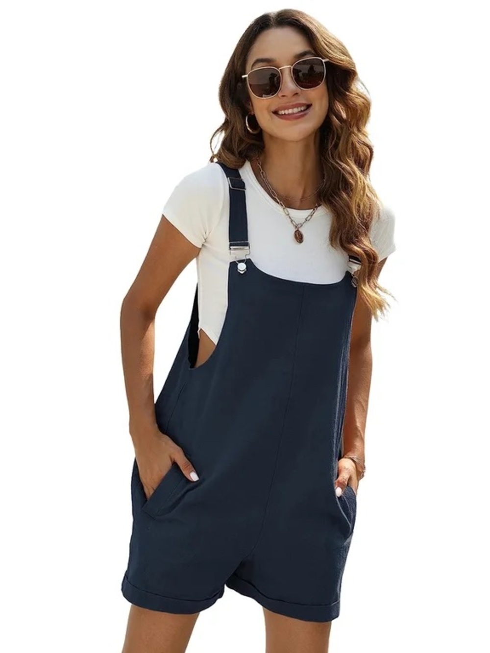 Summer Cotton Linen Short Overalls Casual Bib Shortalls Rompers with Pockets (M)